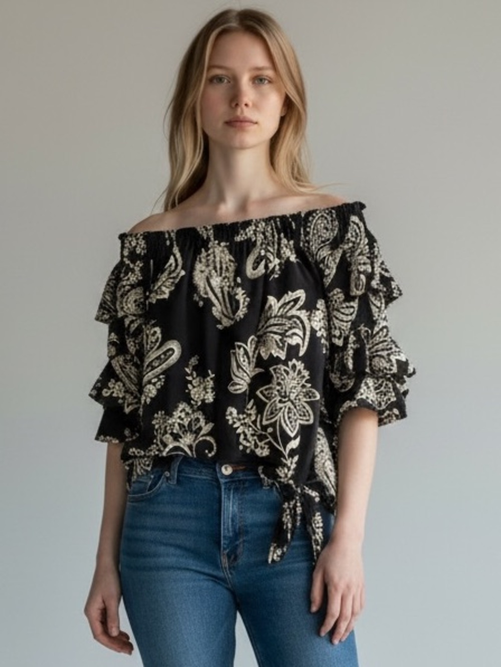 Vince Camuto Black Paisley Off Shoulder Ruched Puff Sleeve Tie Hem Blouse XL